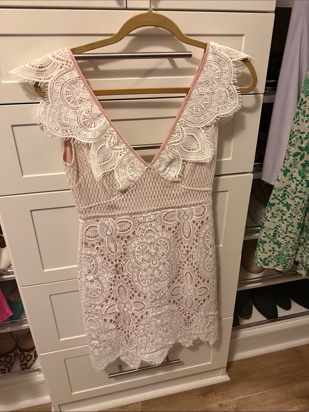 Lush Pink Lined White Crochet Mini Dress